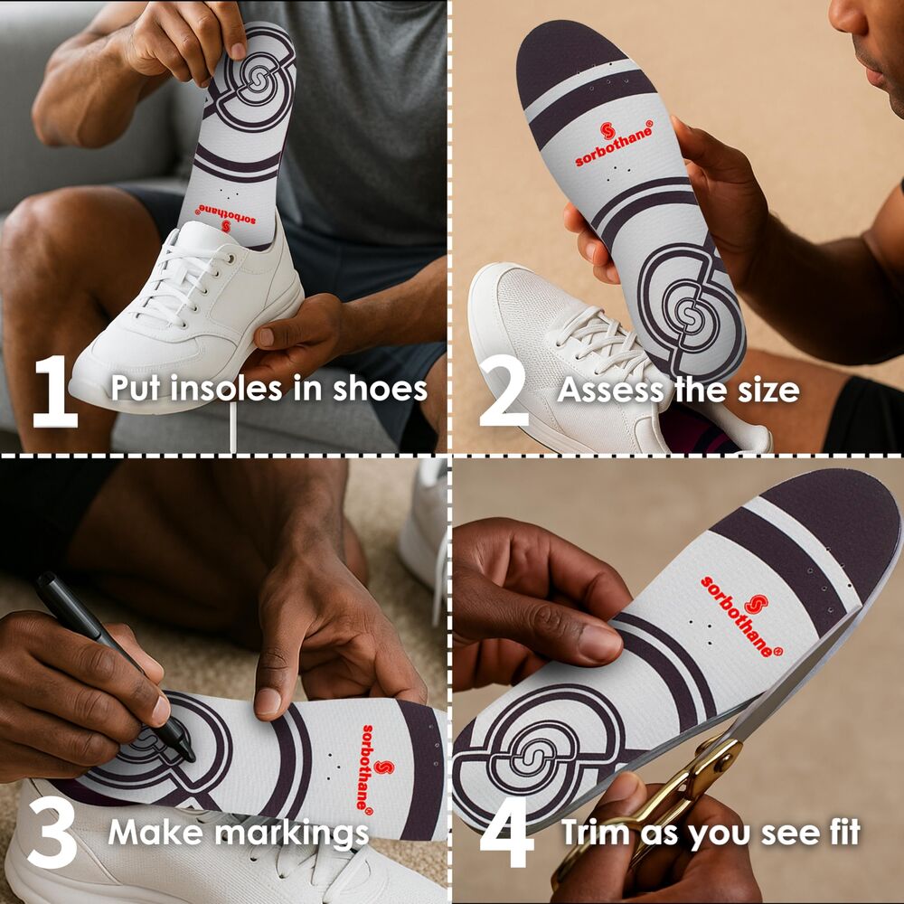 SORBOTHANE Sorbo Pro Insoles Men & Women  Shock Absorbing Inserts for Pronation & Heel Pain Relief  Arch Support Shoe Insole for Running, Walking, Work Boots  Antibacterial, Size UK 10